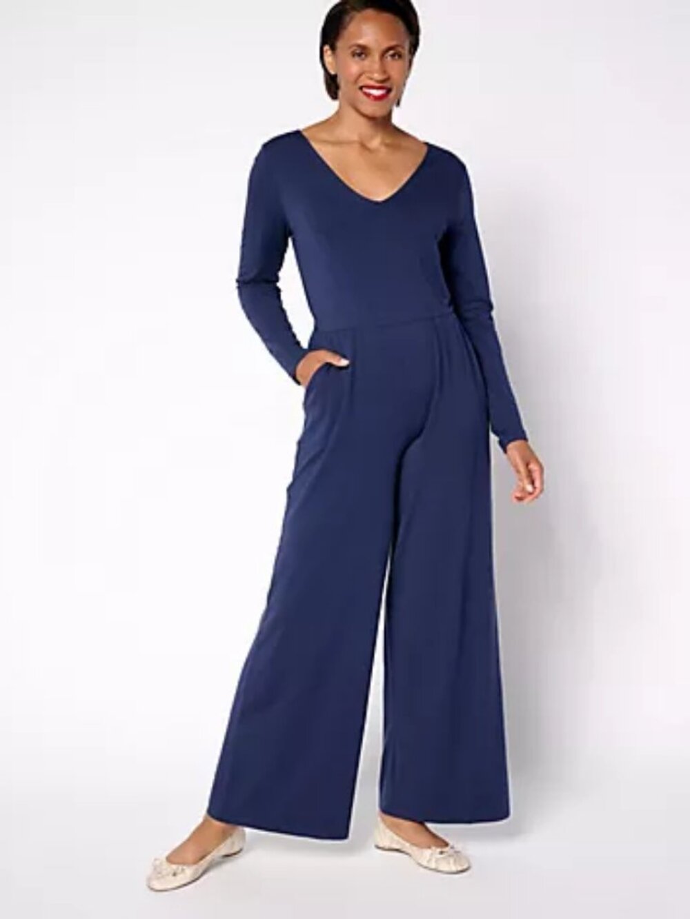 AnyBody Regular Cozy Knit Long-Sleeve V-Neck Jumpsuit, Navy Sz XL a669423